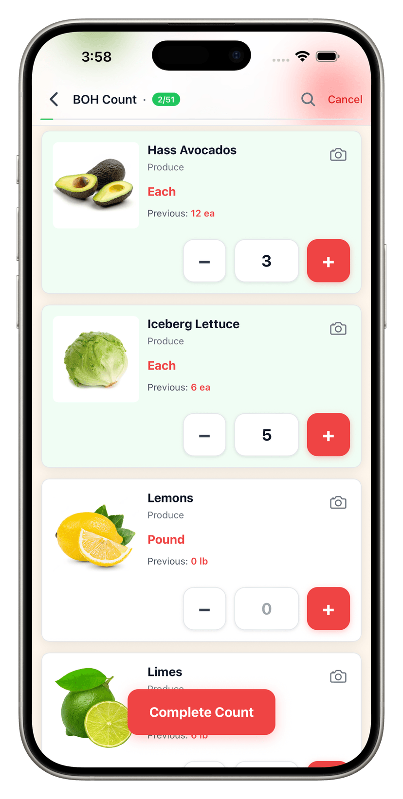 LoveStock mobile counting interface showing photo-based inventory