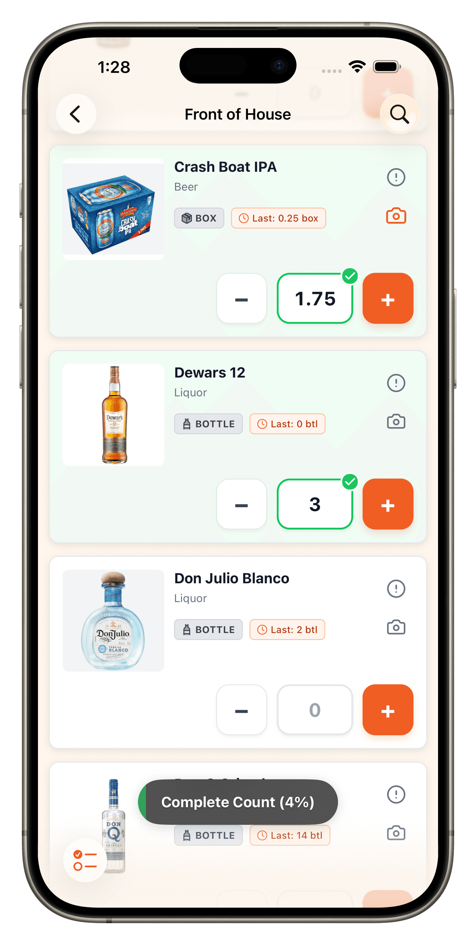 86 mobile app — Front of House counting with bottle and liquor items, big buttons, and last-count context