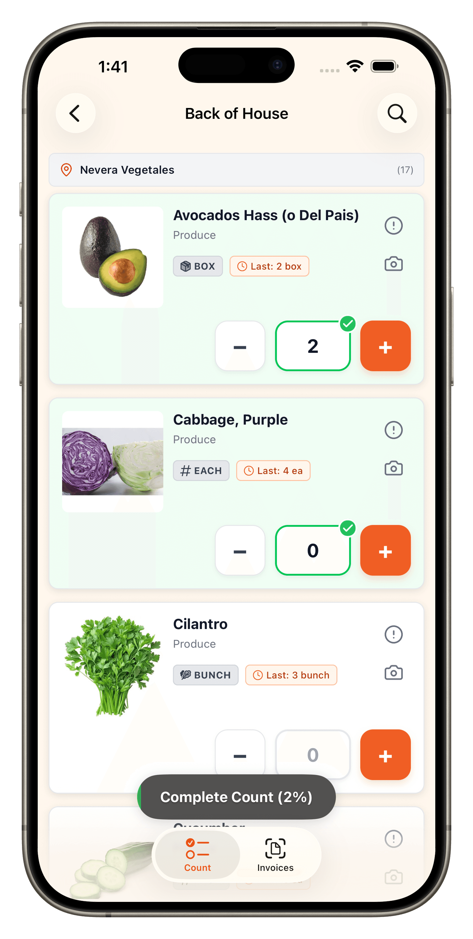 86 mobile app — staff counting inventory with photos and last counts