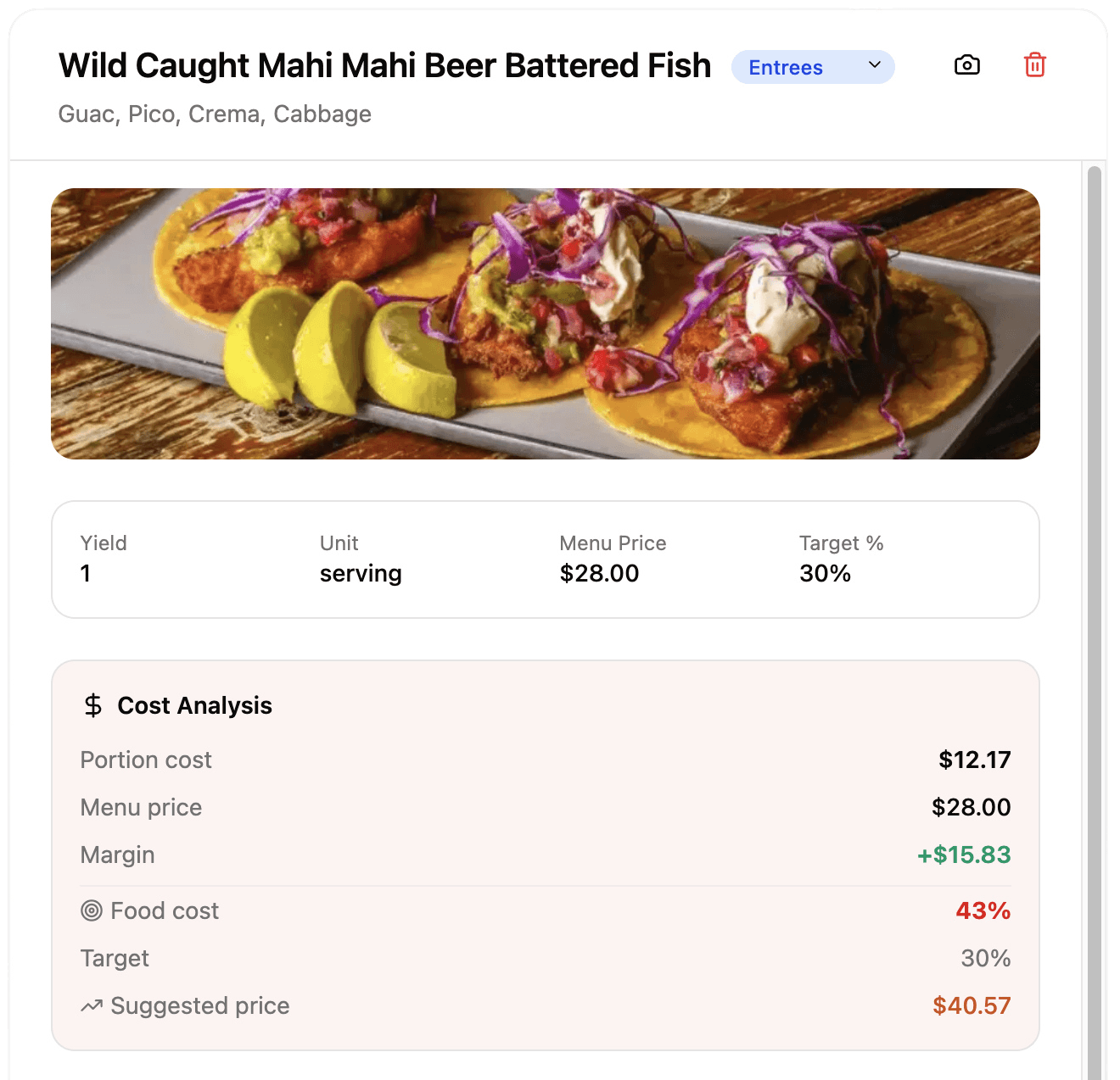 86 recipe detail — Wild Caught Mahi Mahi Beer Battered Fish with portion cost $12.17, menu price $28.00, 43% food cost, and suggested price $40.57