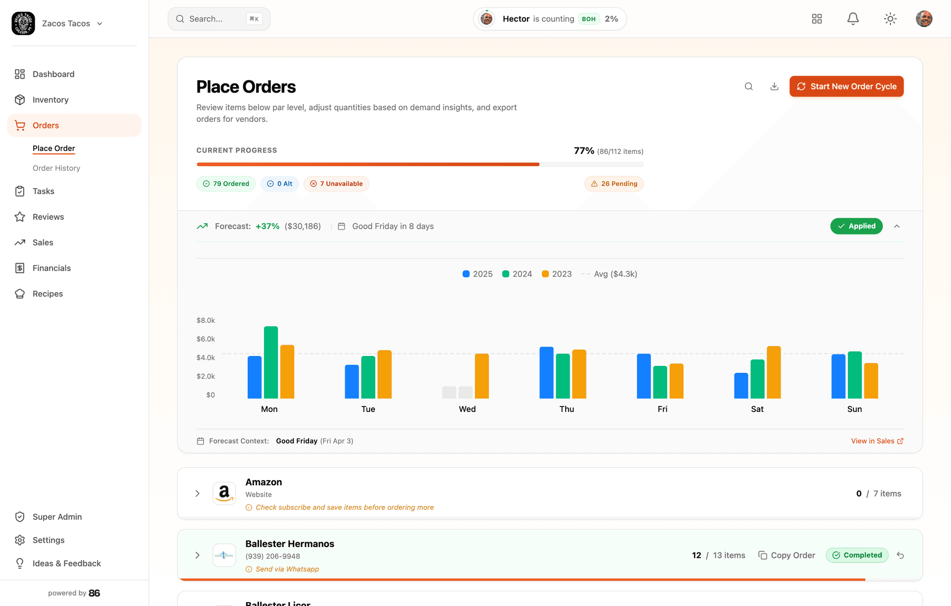 86 web dashboard — order from anywhere with forecasts and vendor-by-vendor totals