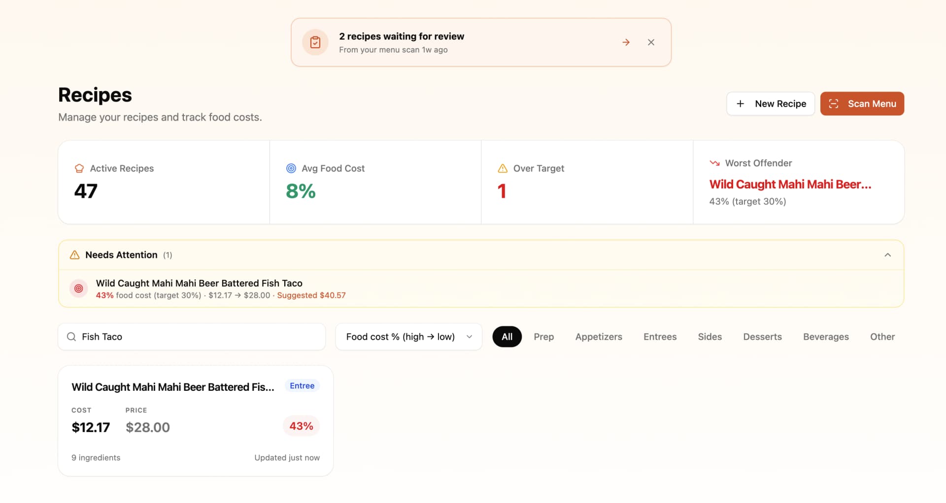 86 recipe view — Worst Offender callout surfacing a 43% food-cost dish with a suggested price increase